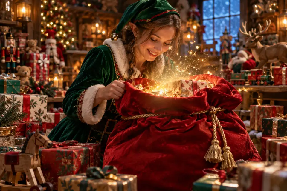 A cheerful elf opens a sparkling sack in the Christmas workshop